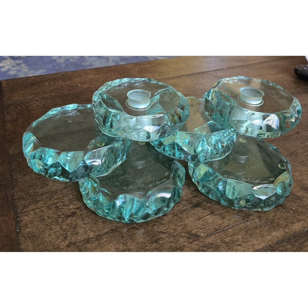 Rare 6 Pc Stephen Schlanser Aqua 'Ice Chip' Glass Art Piece 1992 Signed - Picture 3 of 10